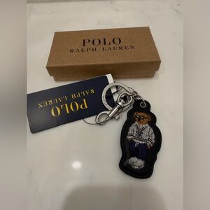 NEW Polo Ralph Lauren PREPPY TENNIS BEAR - LEATHER Key Ring Keychain - NAVY BLUE